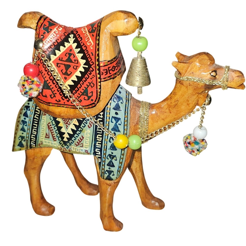 Hand Carved Wooden Camel Figurine Hand Painted Folk Art with Bell and Beads 8"